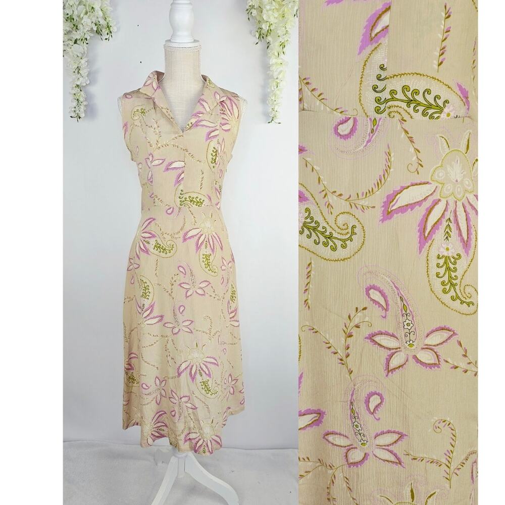 Mossimo Silk Dress Large Beige Floral Sleeveless Collar Y2K Rare Dead Stock NWT